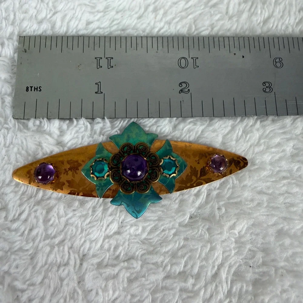 Vintage Copper Verdigris Brooch Purple Teal Crystal‎ Floral Filigree Pin 2.5